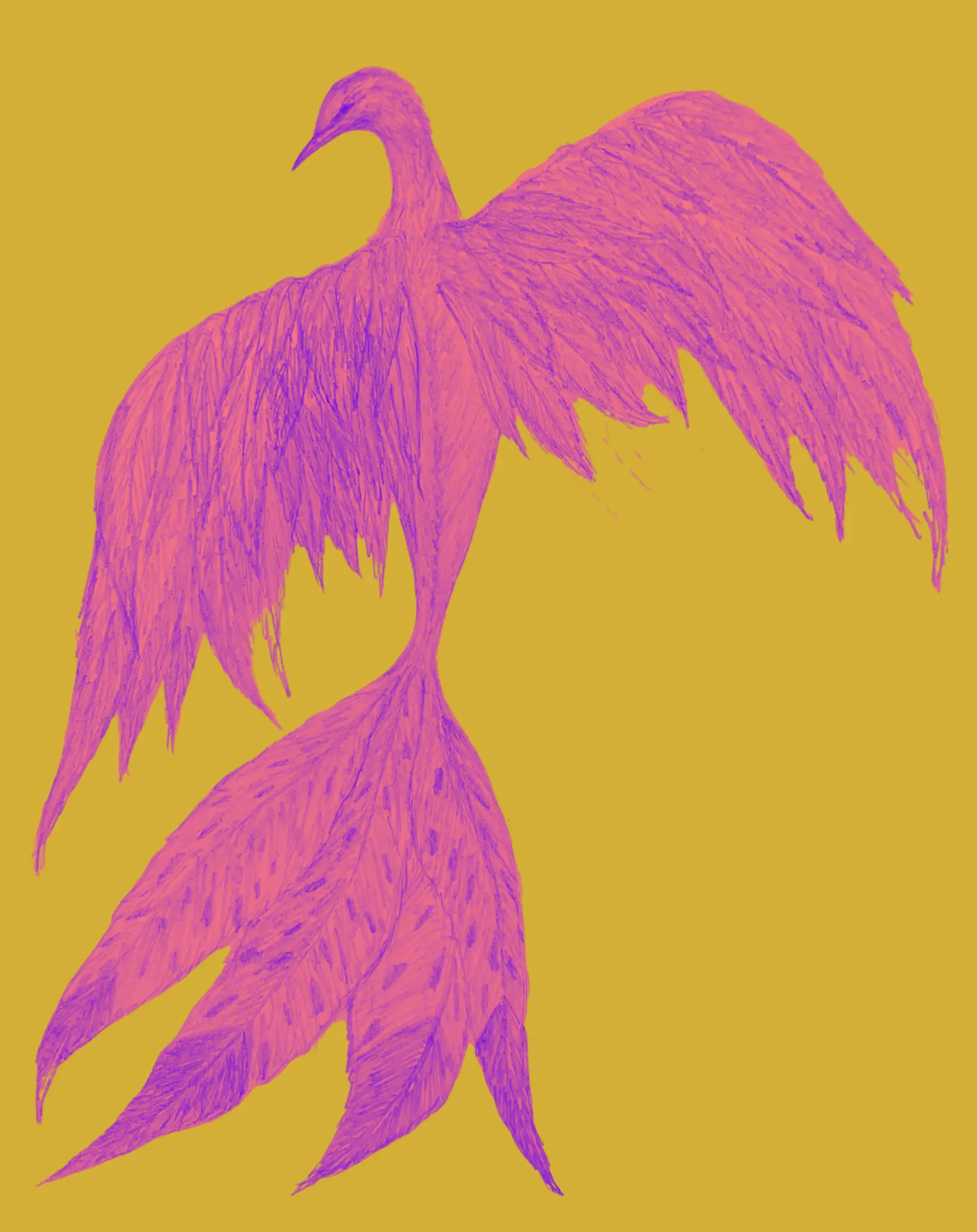 Expressive violet and pink bird on a golden yellow background
